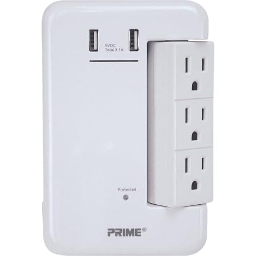 Prime PBRUSB346S 6-Outlet Wall Tap with 1,200-Joule Surge Protection and Dual USB Charger