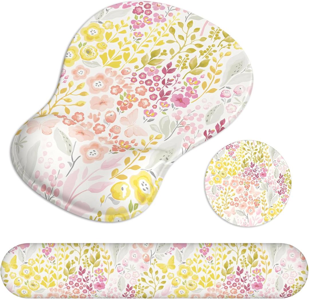 Ergonomic Mouse Pad with Wrist Rest and Keyboard Wrist Rest, Gel Mousepad and Wrist Rest for Computer Keyboard, Pain Relief, Non-Slip PU Base, Mouse Pad Wrist Support for Gaming, Pink Yellow Flowers