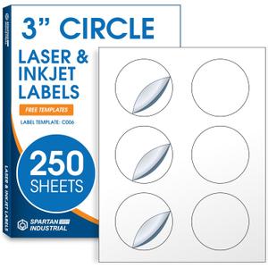3" Printable Round Labels for Laser and Inkjet Printers - 1500 Blank Labels, 250 Sheets for Business Logos, Thank You Stickers, Price Tags, QR Codes - Spartan Industrial Template C006