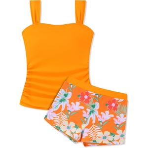 Gaupafmb Girls Tankini Swimsuit Solid Ruched Side Square Neck Top with Tropical Printed Shorts 2 Piece Girls Bathing Suits, Size: 7-8 Years