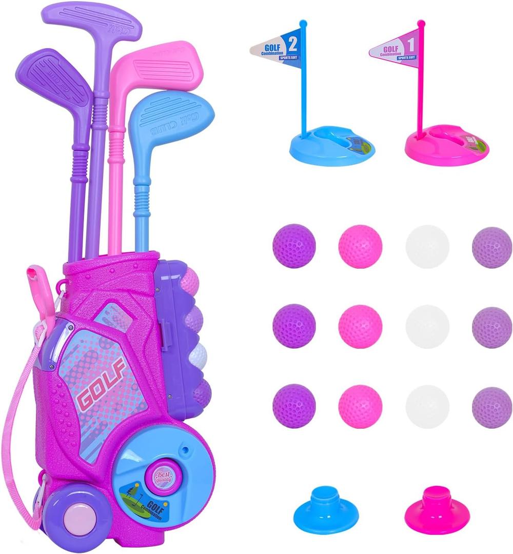Nattork Toddler Golf Set for Boys Girls Aged 1 2 3 Years Old, Upgraded Kids Golf Cart with 4 Clubs & 12 Balls, Outdoor Indoor Sports Toy Birthday Gift, Rose