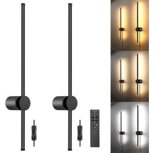 Wall Sconces Set of Two with Remote, Stepless Colors 3000K-6500K & Stepless Dimming, Hardwire or Plug-in, 180 Rotate, LED Black Plug in Wall Sconces with Timer & Night Light, 23.6 Inches (Black, Stepless Color Temperature: 3000K-6500K)