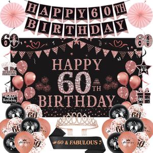 Trgowaul 60th Birthday Decorations for Women, 30pcs Black Rose Gold Happy Birthday Party Supplies, 60th Crown and Sash, Banner, Hanging Swirl Flag, Balloons, 60 Year Old Party Decoration Set