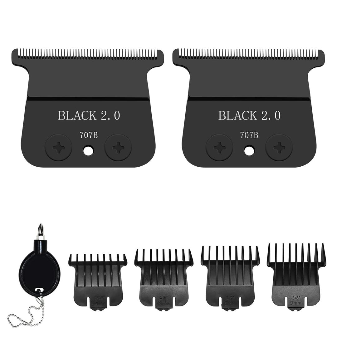2 Pack 707B Replacement Blade compatible with BaBylissPRO FX787 & FX726 Trimmers,2 Pack DLC Replacement Blades with 4 Guards Set Compatible with BaByliss Trimmer Blades,Black