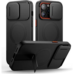 SURITCH for iPhone 14 Pro Max Case with Magnetic Camera Slide Cover and Adjustable Kickstand, Compatible with MagSafe, Shockproof Bumper Case Slim Protective Cover 6.7 Inch, Black