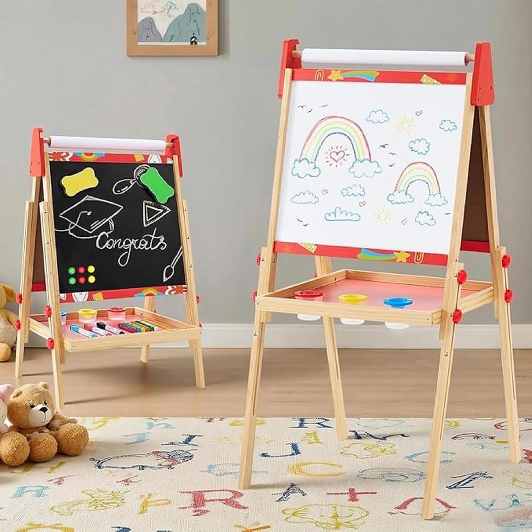 DUMOS Kids Easel Set with Paper Roll, Adjustable Height Double-Sided Magnetic Chalkboard & Whiteboard Art Station for Ages 3+, Dry Erase Board, Gift for Girls and Boys, Red, 21.3W