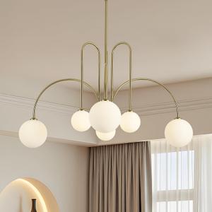 Gold Sputnik Chandelier, 6 Light Mid Century Modern Chandeliers, Dining Room Chandeliers with Milk Glass Globe Shade, Globe Chandelier for Dining Room, Living Room, Bedroom, Foyer, Kitchen