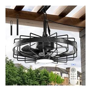 Cofiyard Black Plug in Outdoor Ceiling Fans, 20" Remote Control Hanging Caged Ceiling Fan with Lights, Portable Gazebo Fan with Lights IP65 Waterproof for Patios, Pergola, Canopy and Porch