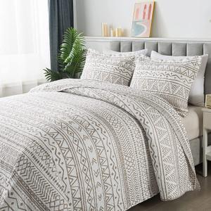 Travan 3-Piece Queen Quilt Set Striped Pattern Microfiber Soft Lightweight Bedding Set with Shams for All Season, Cream Strips, Queen Size