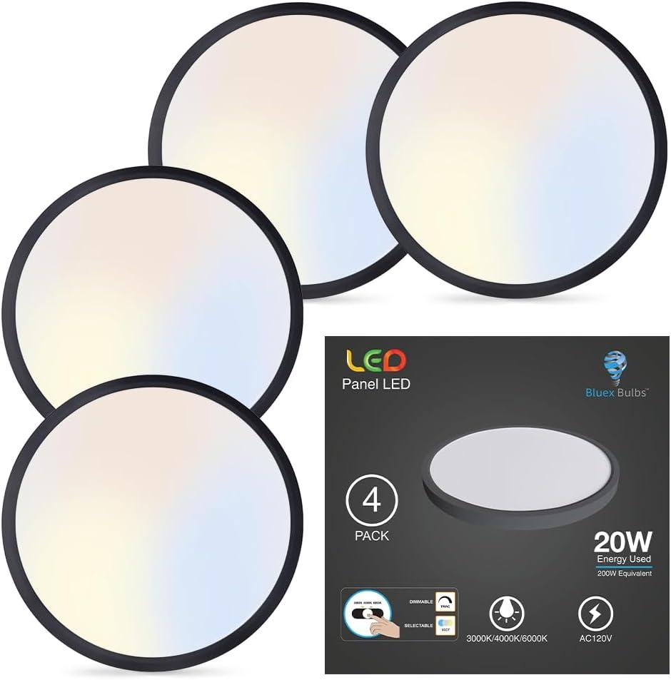 Bluex Bulbs 4 Pack 9 Inch Flush Mount LED Ceiling Light - Dimmable 20W 2000 Lumens 120V - 3 Color Temperatures in One (3000K/4000K/6000K) Slim Black Surface Mount LED Light Fixture Bedroom Kitchen (Black 4 Pack)