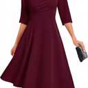 Bbonlinedress Midi Cocktail Dress Formal Wedding Guest 3/4 Sleeve Church V-Neck Work A-Line Swing Tea Party Dress (Medium)