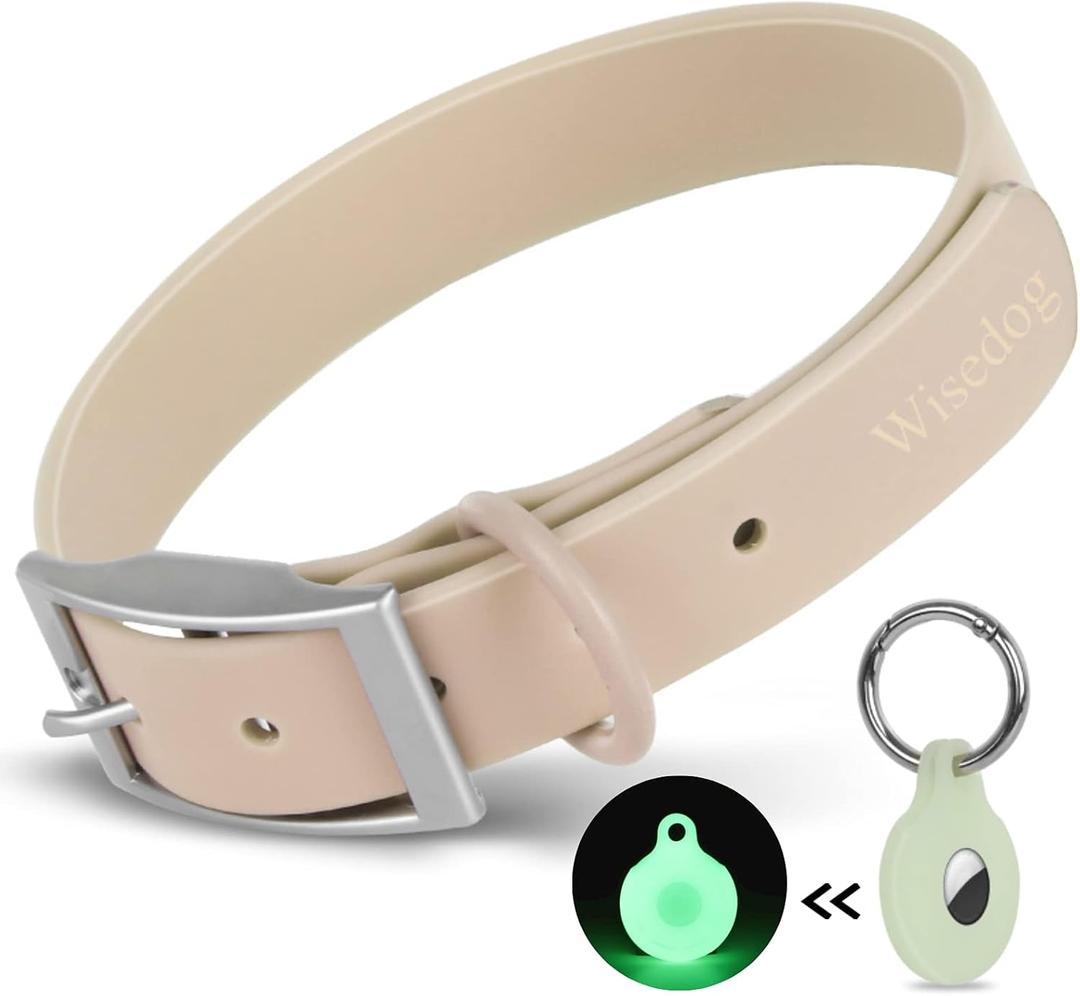 Wisedog Waterproof Dog Collar, Adjustable Soft Rubber Coated Webbing, Odor-Proof and Easy to Clean for Small Medium Large Dogs, with Airtags Case(S|8.5"-12.5"  4/5 in, Sand Color)