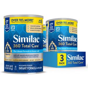 Similac 360 Total Care Infant Formula, Has 5 HMO Prebiotics, Our Closest Prebiotic Blend to Breast Milk, Non-GMO, Baby Formula Powder, 36-oz Value Can, Pack of 3 (EXP 07/01/27)