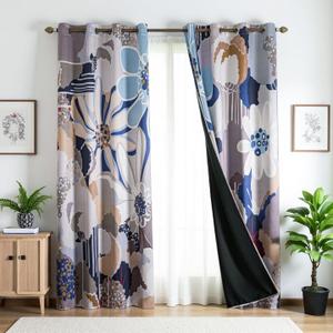 Abstract Floral Blackout Curtains 63 inch Long 2 Panels 52x63, Modern Blue Large Flower Print Patterned Room Darkening Drapes, Thermal Insulated Noise Reducing Window Curtains for Bedroom Living Room