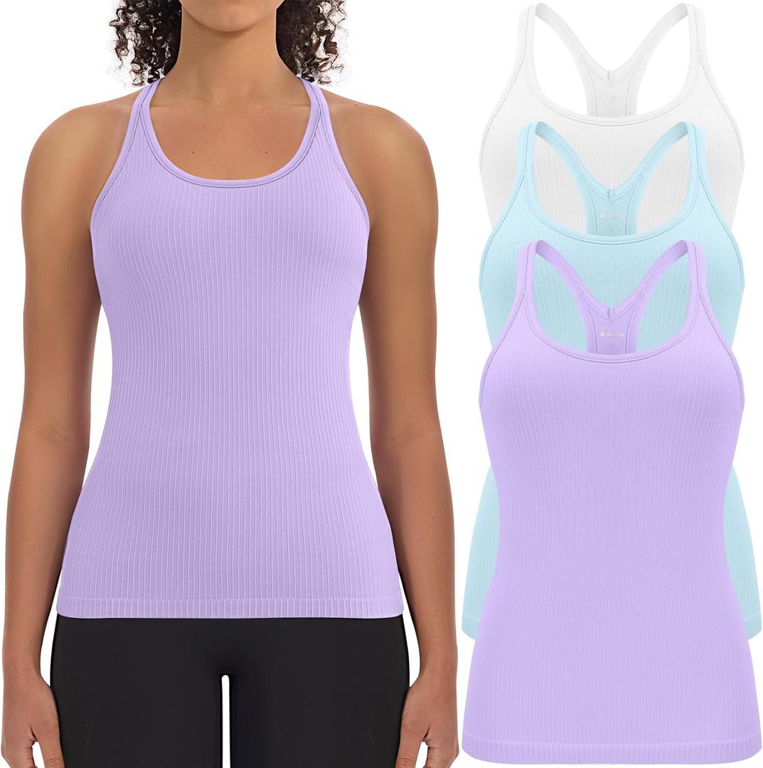 3 Pack Workout Tank Tops for Women with Built in Bra Ribbed Seamless Racerback Athletic Running Gym Yoga Tops, S