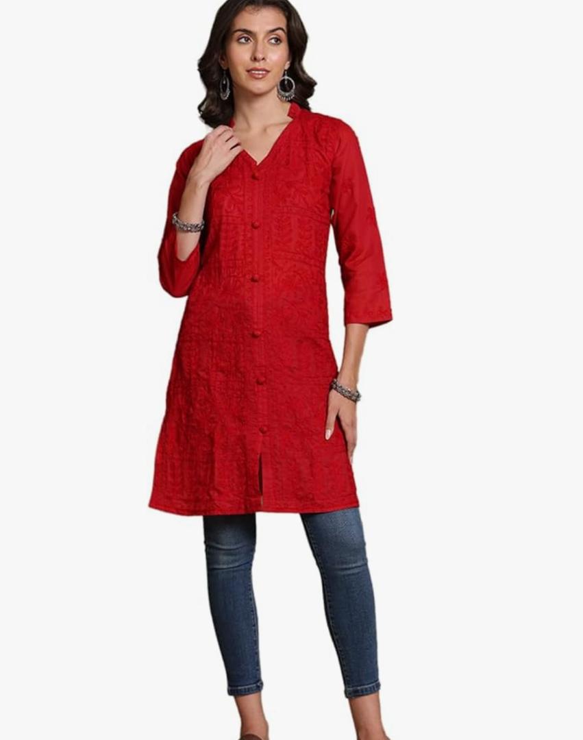 Front-Open Cotton Chikan Embroidered Knee-Length Kurti Stylish & Comfortable Ethnic Wear for Women 40