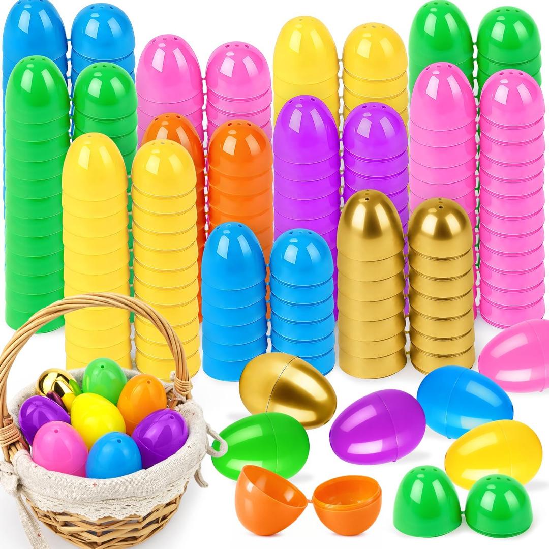 Leetous 144 PCS Bulk Easter Plastic Eggs for Egg Hunt, Empty Fillable 2.36" 134 PCS Colorful Eggs with 10 PCS Golden Eggs for Basket Essentials Stuffers, Easter Party Favors Supplies Decorations