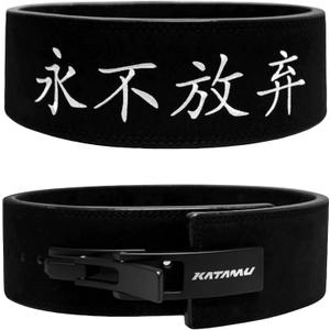 Katamu Premium Leather Lever Weightlifting Belt  Secure Steel Lever, Powerlifting Support for Deadlifts, Squats & Heavy Lifts - Lift More, Look Good (Large - 13mm, Never Give Up)
