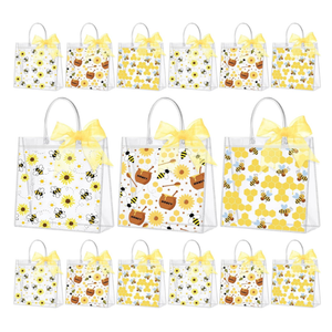 SilTriangle 30 Pcs Clear Bee Gift Bag with Handle Ribbon PVC Bee Party Favor Bag Reusable Honey Bow Goodie Treat Snack Party Supplies for Birthday Gender Reveal Baby Shower, 7.9''x 7.9''x 3.2''