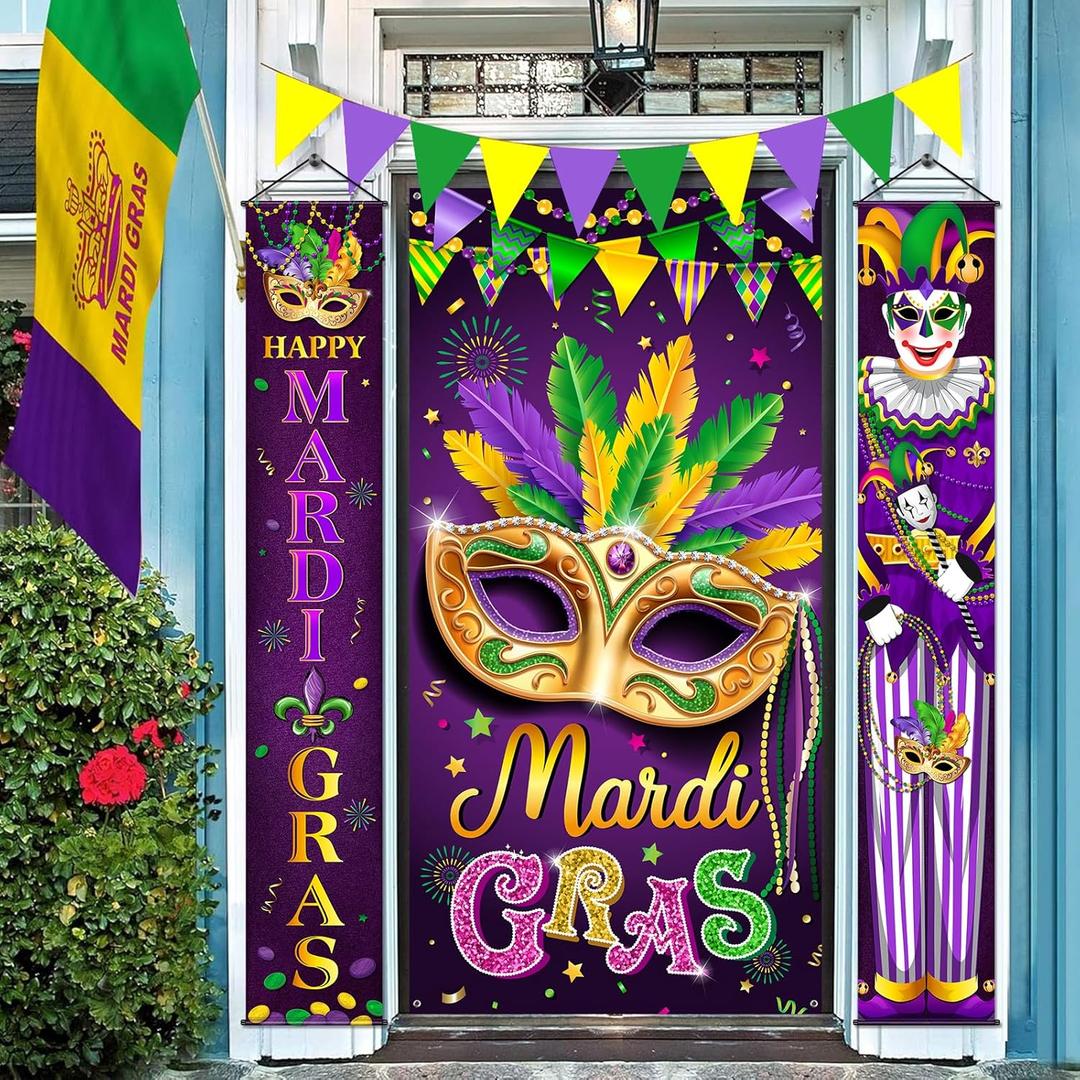 Mardi Gras Door Cover Banner Decorations, Mardi Gras Hanging Front Door Banner Decor, Mardi Gras Porch Banner Door Cover for Carnival Masquerade Indoor Outdoor Party Supplies Decorations