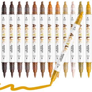 Brown Acrylic Paint Pens, Water Based 12 Colors Dual Tip Acrylic Paint Markers for Rock Painting Wood, Glass, Ceramic, Canvas, Fabric, Stone, DIY Crafts Making Art Supplies