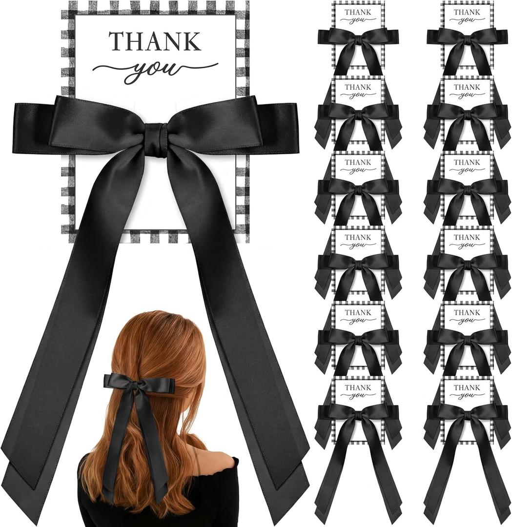 12 Pack Coquette Black Bow Party Favors with Thank You Card Bow Birthday Party Favors Satin Hair Accessories Black Coquette Theme Gift for Girls Bachelorette Wedding Bridal Shower Guests