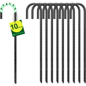 12 Inch Rebar Stakes Heavy Duty 10 Pack, J Hook Ground Stakes, Galvanized Steel Trampoline Stakes, Tent Anchor Kit Anti-Rust, Drip Hose Wind Stakes, Black