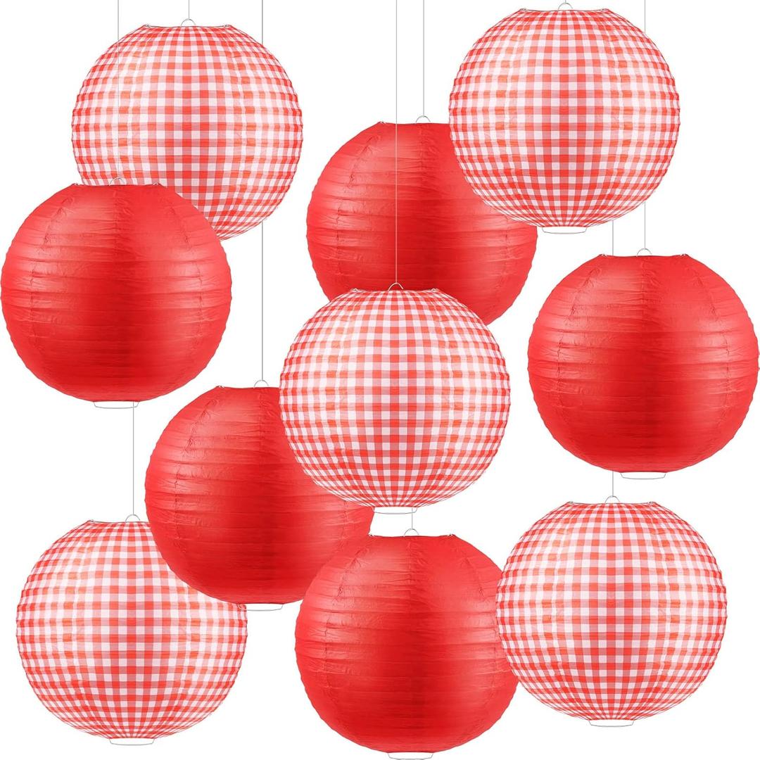 Elcoho 10 Pieces Picnic Party Decorations Paper Lanterns Round Hanging Lanterns for Summer Barbecue Birthdays Holidays Picnic Party Supplies, Pure Red, White and Red Plaid