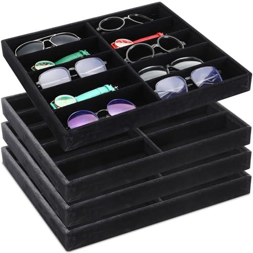 Batiyeer Sunglasses Organizer Storage Tray 10 Grids Eyewear Watch Holder Display Stackable Ice Velvet Tray Women(Black,4 Pcs)