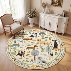 4ft Round Rug Washable Floral Animal Dog Print Circle Area Rug,Soft Stain Resistant Low Pile Non-Slip Thin Carpet for Bedroom Entryway Living Room Dining Room Dorm Home Decor, Beige