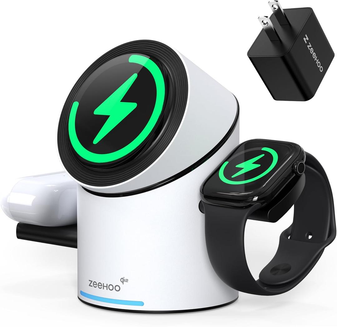 ZEEHOO 3 in 1 Charging Station for Apple Devices, Mag-Safe Charger Stand, Qi2 15W Auto-Rotating Wireless Charger for iPhone 17 16/15/14/13/12 Series& AirPods& iWatch(White)
