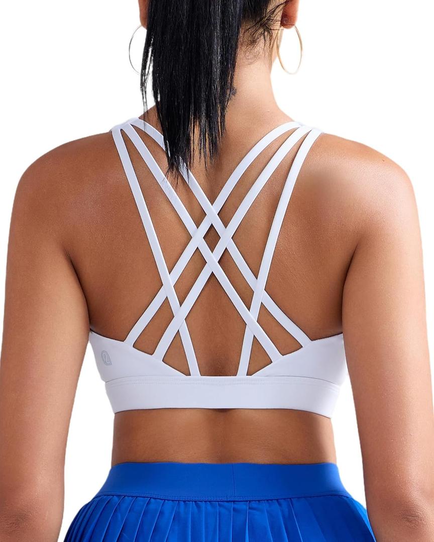 RUNNING GIRL Sports Bras for Women, Medium-High Impact Running Strappy Sports Bra with Removable Pads (Large, White)