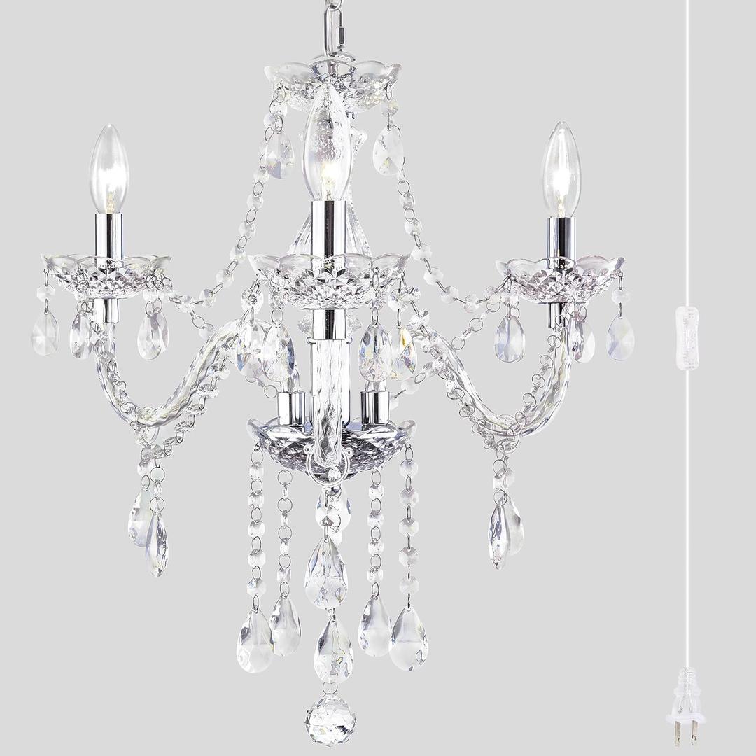 Plug-in 3 Light Crystal Hanging Pendant Lights Acrylic Chandelier with Clear Cord & On/Off Switch H19 D19 for Kitchen Island Girls' Room Dining Area Laundry Pavilion.