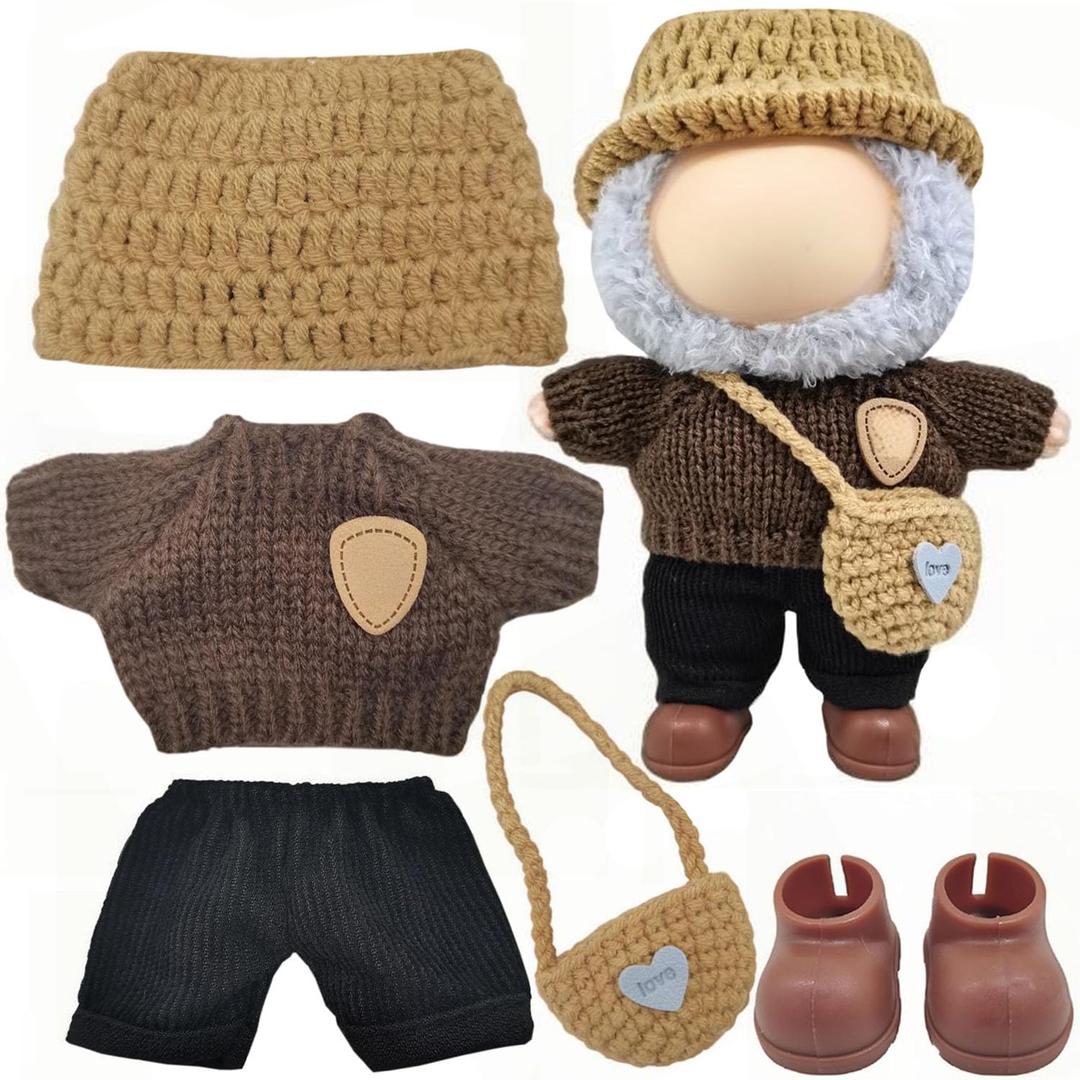 Clothes Set for 17cm Doll, Handcrafted Crochet 5 Piece Set Sweaters Hat Backpack Pants Shoes, Clothes Outfit Accessories for Dolls (No Doll) Red