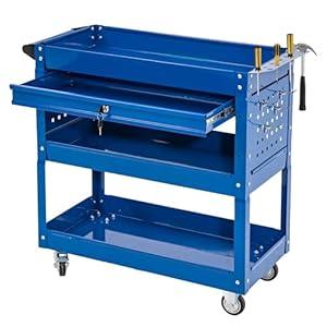 SUN & SUMMER 3-Tier Rolling Tool Cart with Wheels, Rolling Tool Chest 330 LBS Capacity Heavy Duty Utility Industrial Service Cart with Locking System Drawer for Garage, Warehouse, Repair Shop (Blue)