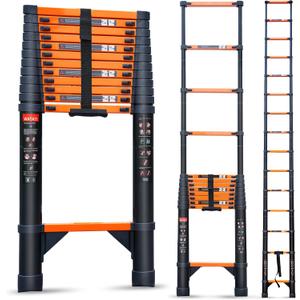 Telescoping Ladder, 16.5FT Aluminum Collapsible Extension Ladder with 2 Triangle Stabilizers & Non-Slip Feet, Portable Ladder Max Capacity 330 LBS for Home, RV, Outdoor(Orange)