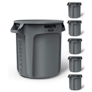 Rubbermaid Commercial Products BRUTE Heavy-Duty Round Trash/Garbage Can, 10-Gallon, Gray, Outdoor Waste Container for Landscapers/Construction/Restaurants/Back of House/Offices/Warehouses, Pack of 6