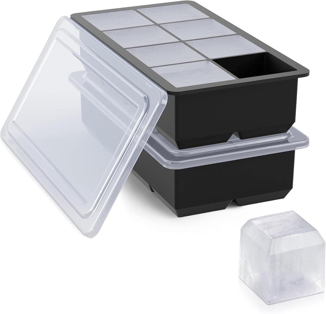 Bangp Large Ice Cube Tray for Whiskey,2 Pack Stackable Big Ice Cube Molds Make 16 Big Whiskey Ice Cubes,Easy Release Square Ice Cube Maker for Cocktails,Whiskey,Soups and Frozen Treats (Black)