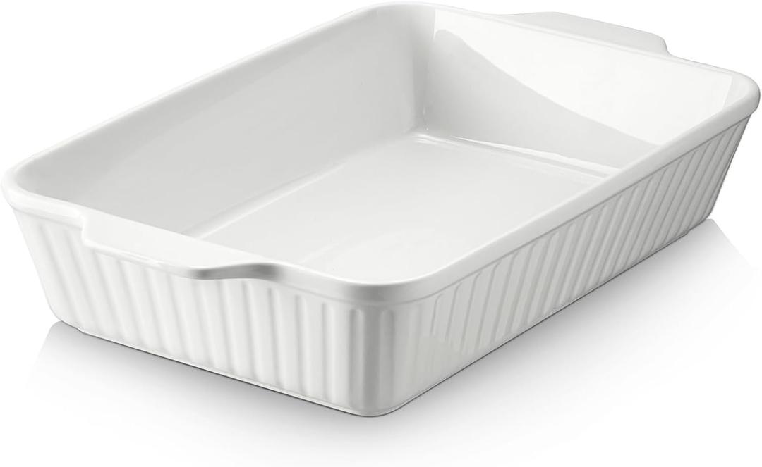 DOWAN Casserole Dish, 9x13 Ceramic Baking Dish, Large Lasagna Pan Deep for Oven, 4.2 Quarts Baking Pan with Handles, Oven Safe and Durable Bakeware for Lasagna, Home Decor, Wedding Gift, Soft White