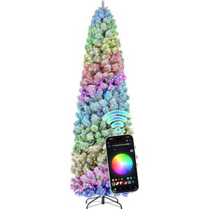 HOLLO STAR 7.5 ft Flocked Prelit Christmas Tree with 348 LED Lights, App Control, Skinny Artificial Pencil Christmas Tree, Multi-Color RGBW Lights, 960 Branch Tips, for Small Space, Home, Party