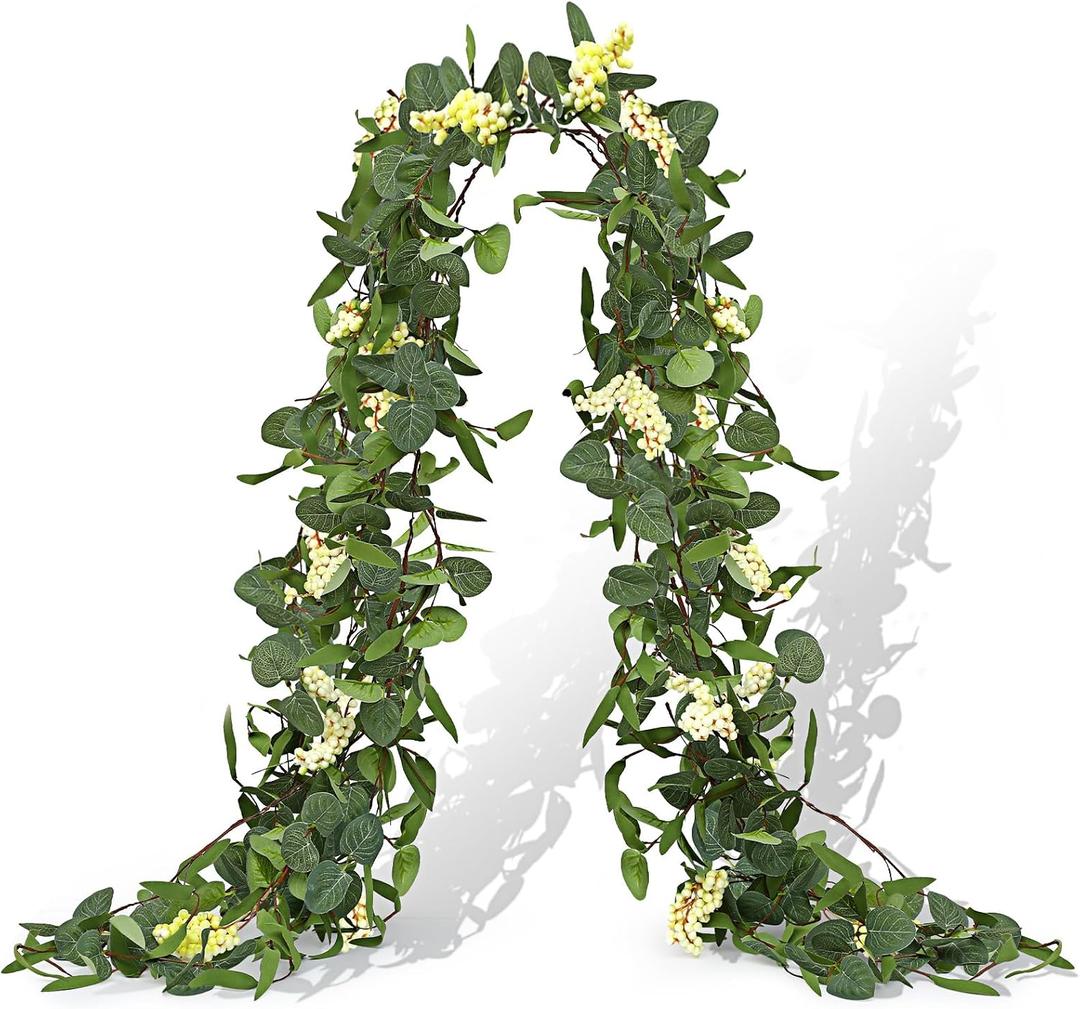 Tigeen Artificial Eucalyptus Garland Plant 6.5 FT Wedding Faux Leaves Greenery Garland Vines Hanging DIY Decoration for Home Party Table Runner Mantle Wall Decor(2 Pcs)