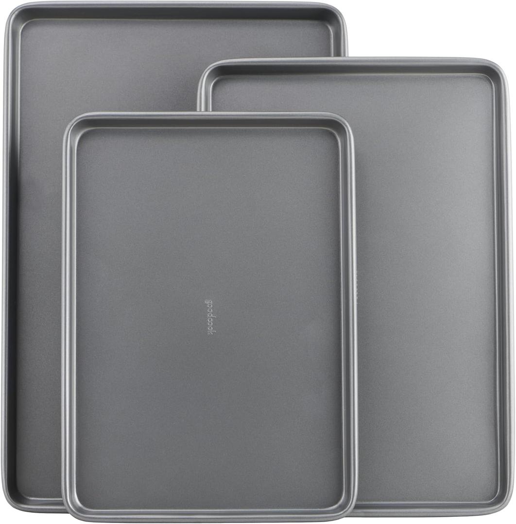 GoodCook Everyday Nonstick Baking Sheet Set, 3 Pack Includes Small (13×9) Medium (15×1) and Large (17×11) Pans Carbon Steel Construction Cookie Sheets Bakeware Set, Gray