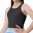 Girls Tank Tops Double Lined Crop Tops for Kids High Crew Neck Racerback Basic Sleeveless Dance Top for Girls (Medium, Black)