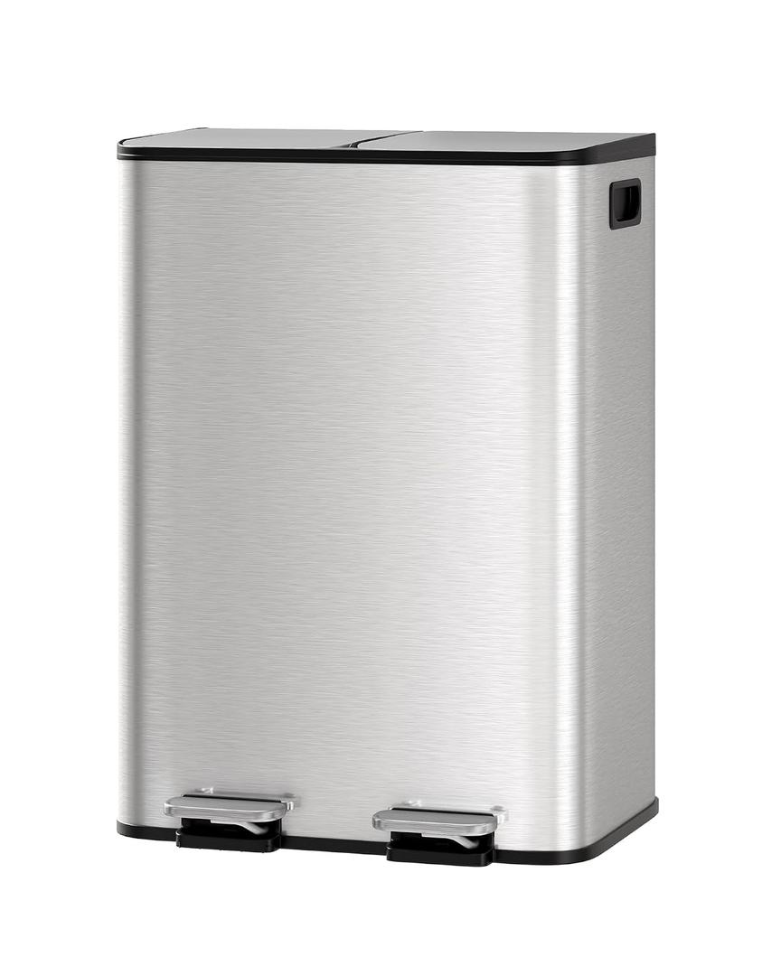 GarveeHome 2 x 8 gal Stainless Steel Double Trash Can with Lid for Kitchen, Large Dual Trash and Recycle Bin Combo, Step-on Kitchen Metal Garbage Cans, PP Inner Buckets, Liner Rim, Silver