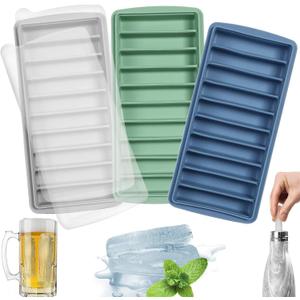 LessMo 3 PCS Ice Cube Tray, Long Ice Stick Tray Silicone with Lid, Rectangular Narrow Stick, Reusable, Flexible, Easy Release, for Small Mouth Sport Bottles, Juice Bottles, Cocktail Parties (Blue+Green+Gray)
