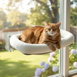 Cordless Cat Window Perch, Foldable Cat Window Hammock, 4 Strong Suction Cups, Solid Metal Frame, Patented Hook Design, Cushion White, L