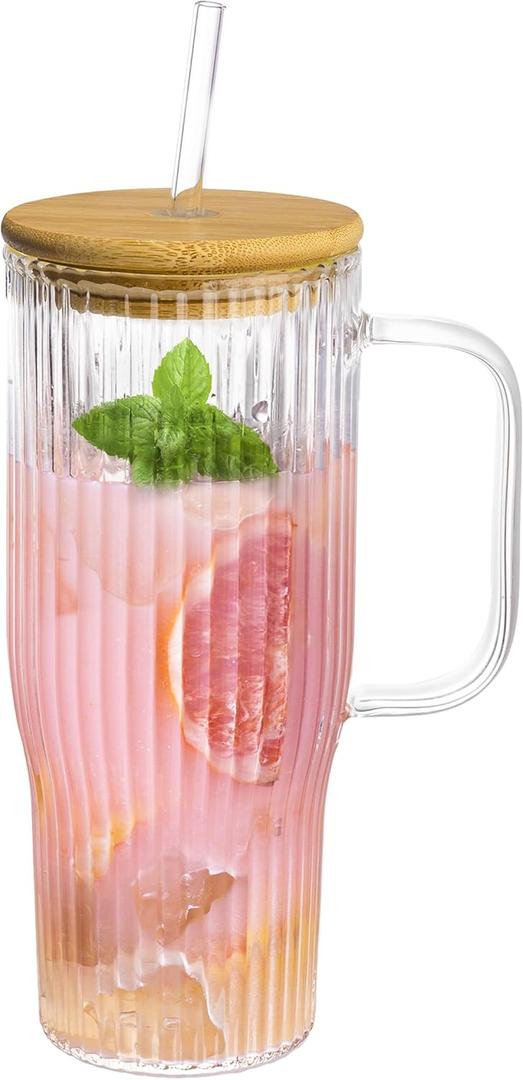 32oz Ribbed Glass Cup with Handle Bamboo Lid and StrawBorosilicate Glass Tumbler, Iced Coffee Cups Hot/Cold Drinks
