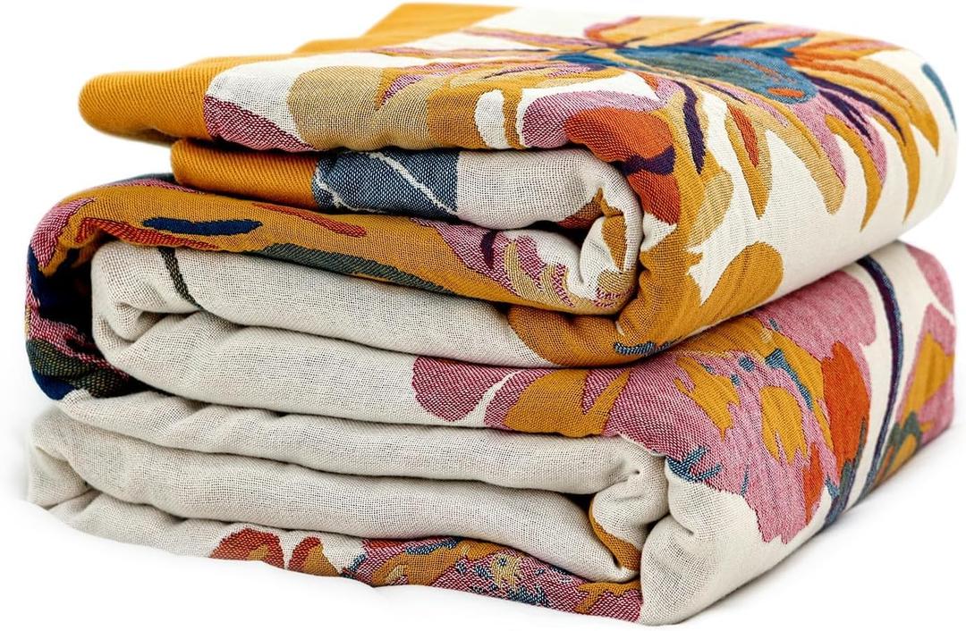 King Throw Blanket for Bed 100% Cotton Boho Soft Rustic Quilt Butterfly and Floral Double Embroidery Breathable Spring Bed Blanket,90"x108" All Season Blankets for Bedding Couch Home Decor