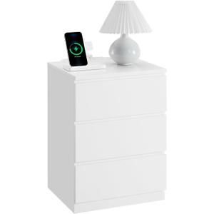 VASAGLE Nightstand with Charging Station, 2 AC Outlets and 2 USB Ports, Bedside Table, Side Table with 3 Drawers, Modern Style, 13.8 x 15.7 x 23.2 Inches, Cloud White ULET631W16