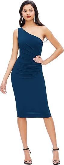 Dress The Population Women Martine Sleeveless Asymmetrical One Shoulder Side Pleat Bodycon Midi Dress, Peacock Blue  (Size L)